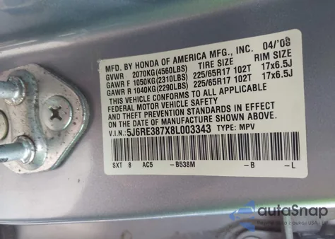 2008 Honda Cr-V Ex-L from USA, damaged, VIN 5J6RE387X8L003343